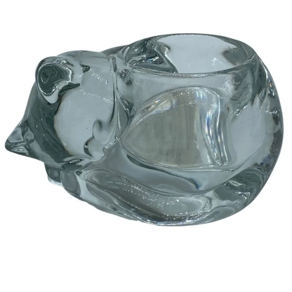 Indiana Glass Crystal Sleeping Cat Votive Candle Holder Clear